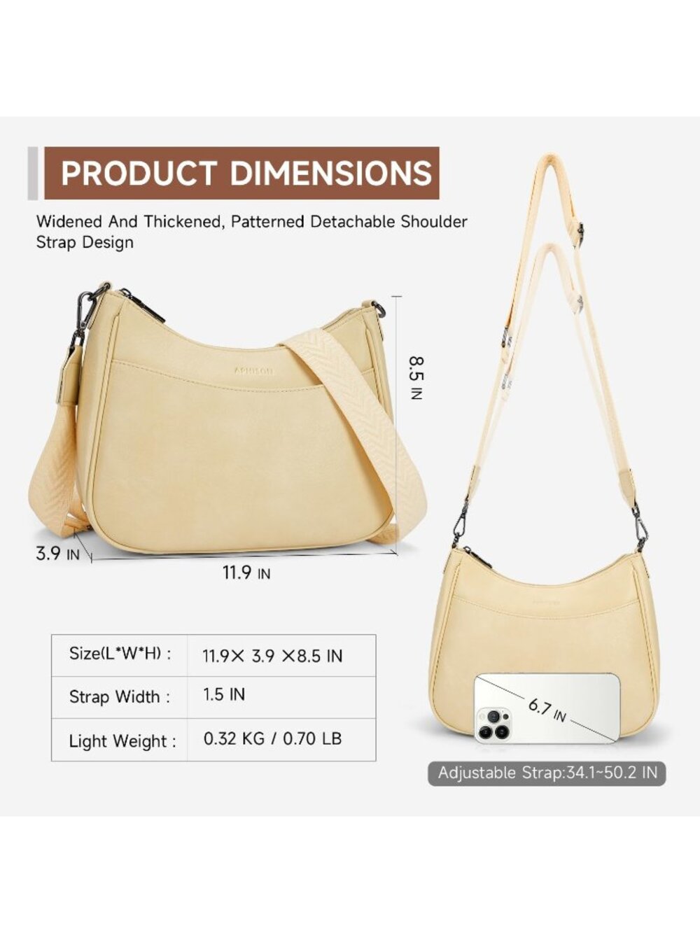 👜Women's Light Yellow Leather Crossbody Purse Shoulder Bag Wide Strap Travel - Picture 6 of 6